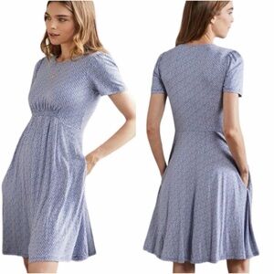 NWT Boden Crew Neck Smocked Jersey Dress Bluebell Geo Blooms